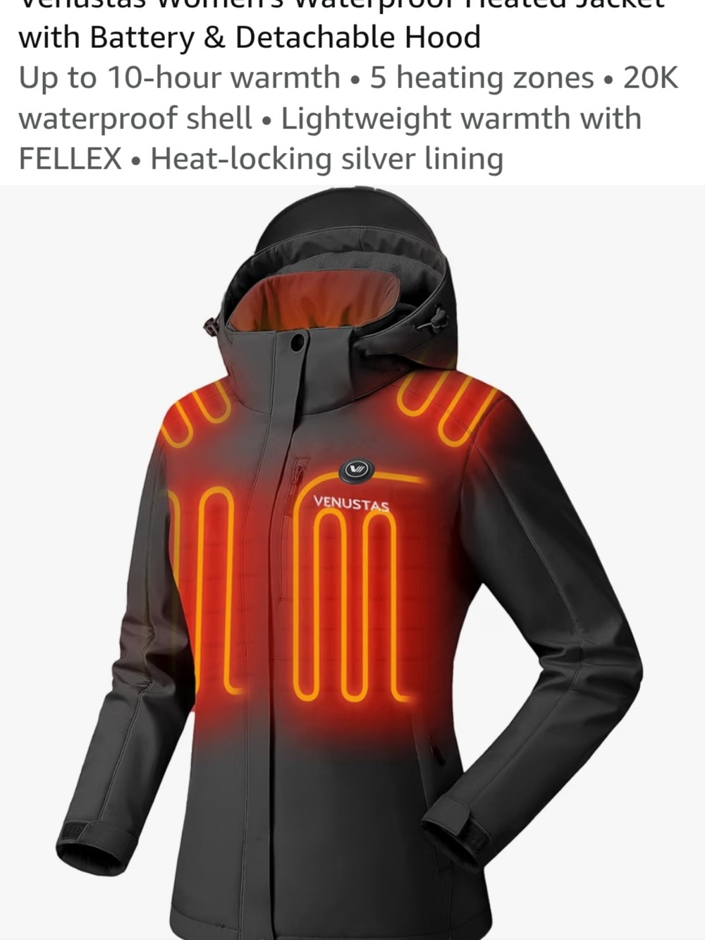 VENUS Women's Heated Ski Jacket - Black with Orange Heat Zones